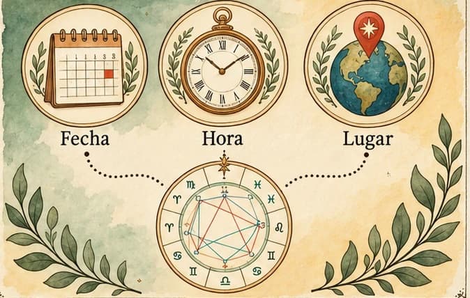 Ilustración en acuarela: fecha, hora y lugar se unen en la rueda de tu carta