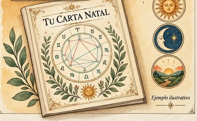 Ilustración en acuarela del informe digital con la carta natal y sus tres claves