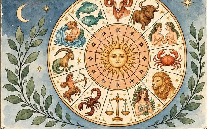 Ilustración en acuarela de la rueda zodiacal con los doce signos